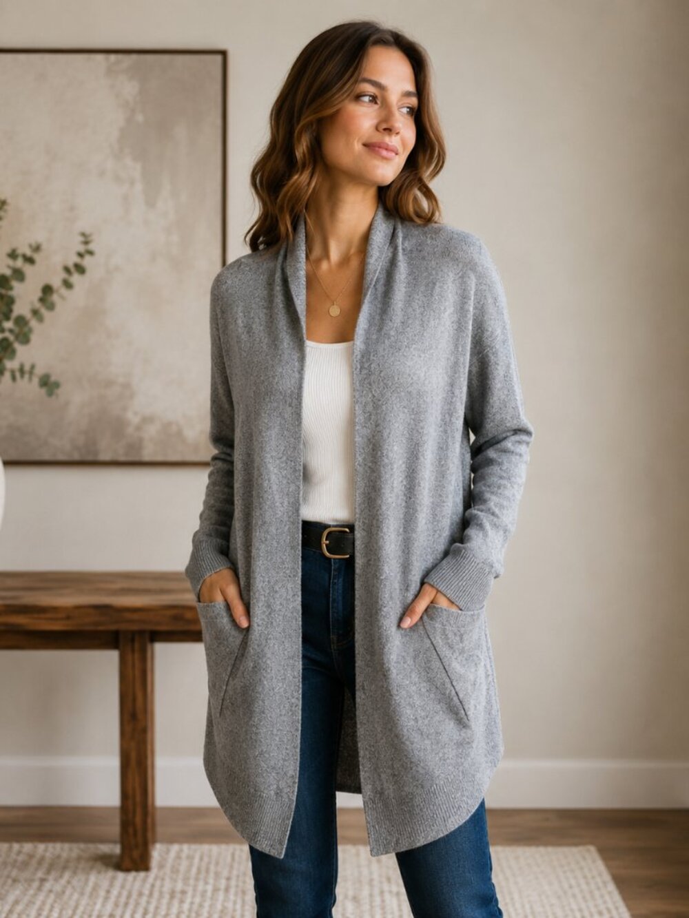LUTZ & PATMOS SZ XS/S Cashmere Wool Blend Long Line Open Cardigan Gray
